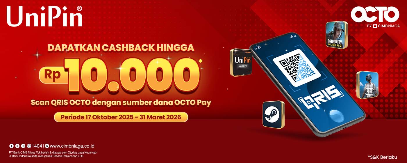 Cashback hingga 10.000 Top Up game favoritmu & Bayar pakai QRIS OCTO di UniPin